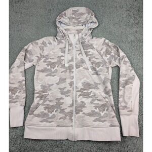 Athleta Triumph Full Zip Printed Hoodie Women's L Jacket‎ Gray Camo *Read